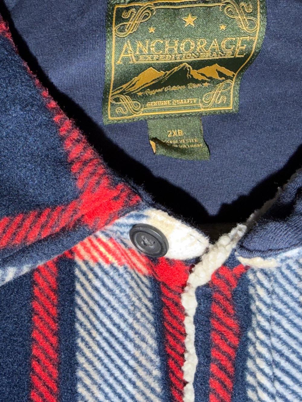 Men’s big and tall Navy Red Cream Plaid Sherpa-Lined Shirt Jacket - Picture 2 of 4